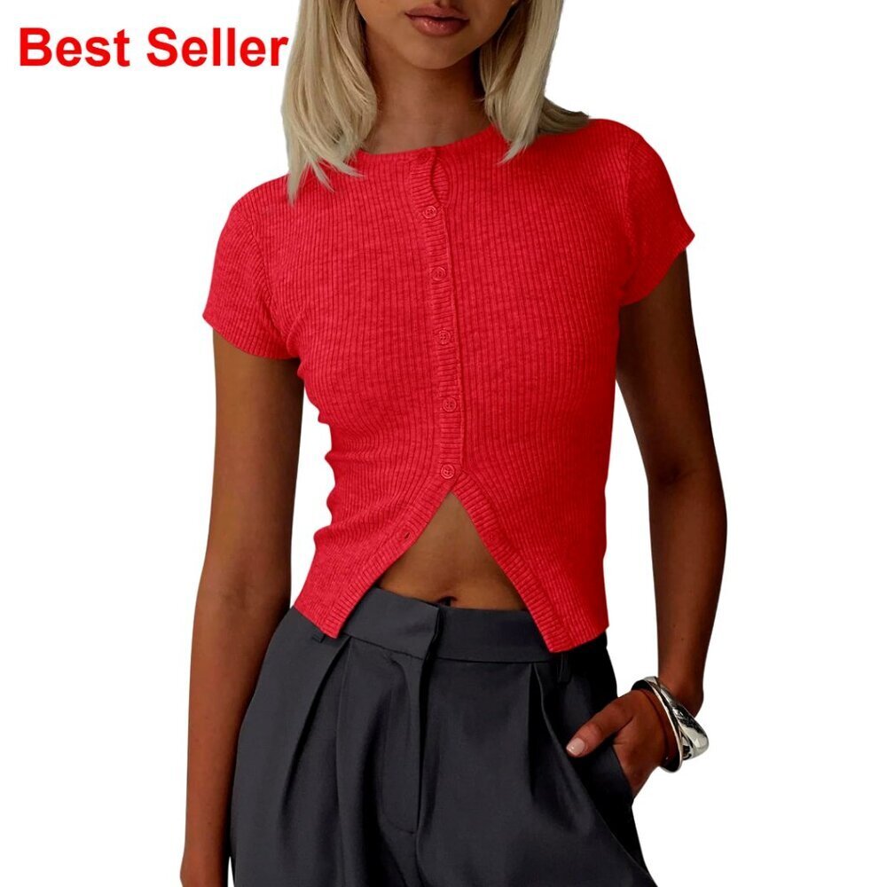 Short Sleeve Ribbed Knit Cropped Cardigan Slim Fit Button Down Summer Top